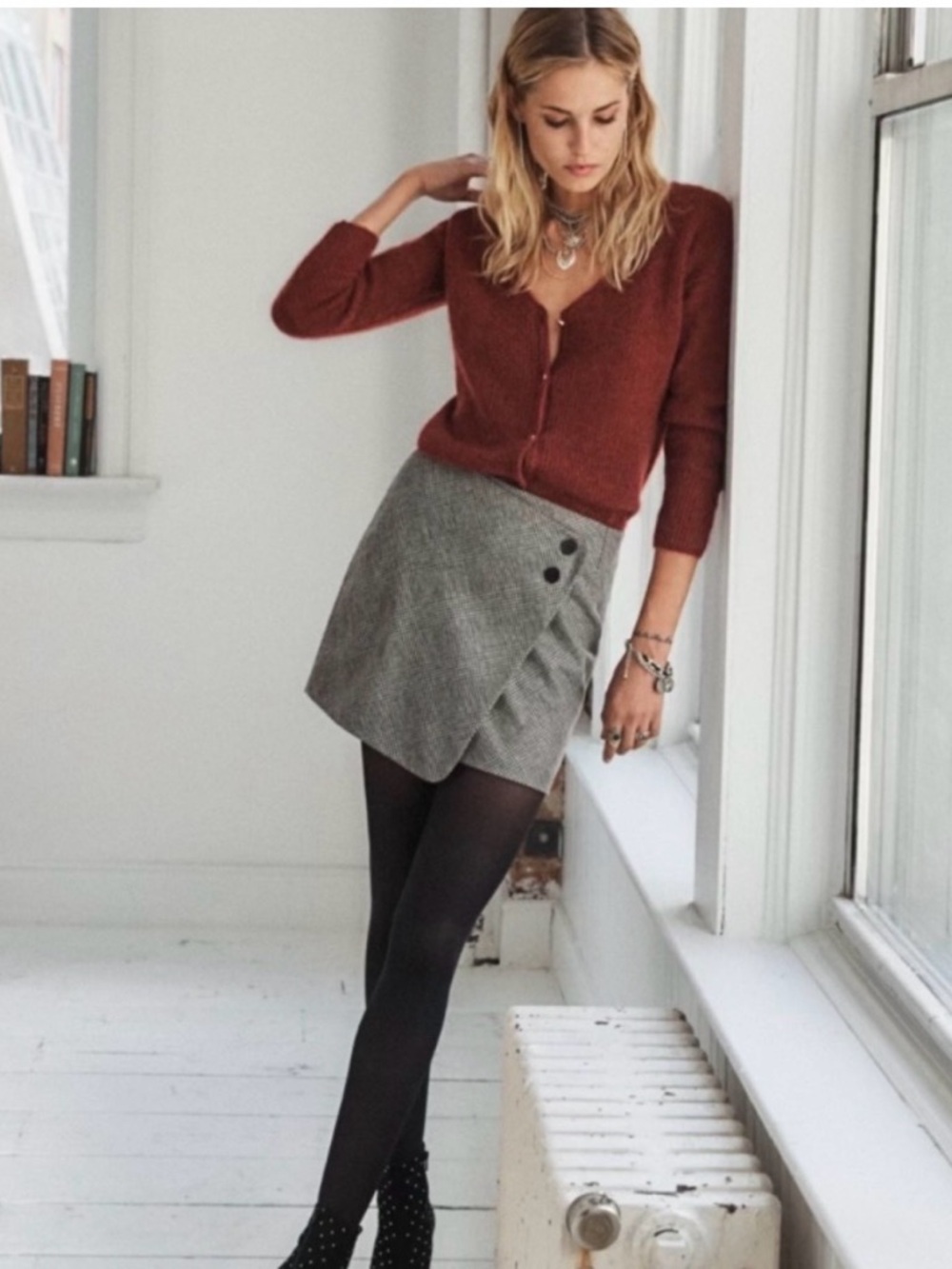 Sezane Jupe Karel Checked Wrap Mini Skirt in Gray